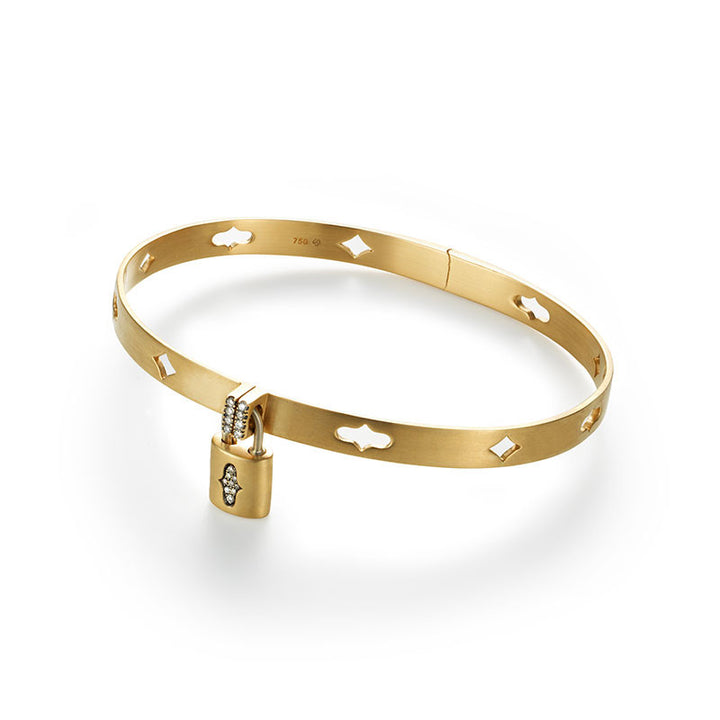 Hinged oval bangle with removable padlock charm