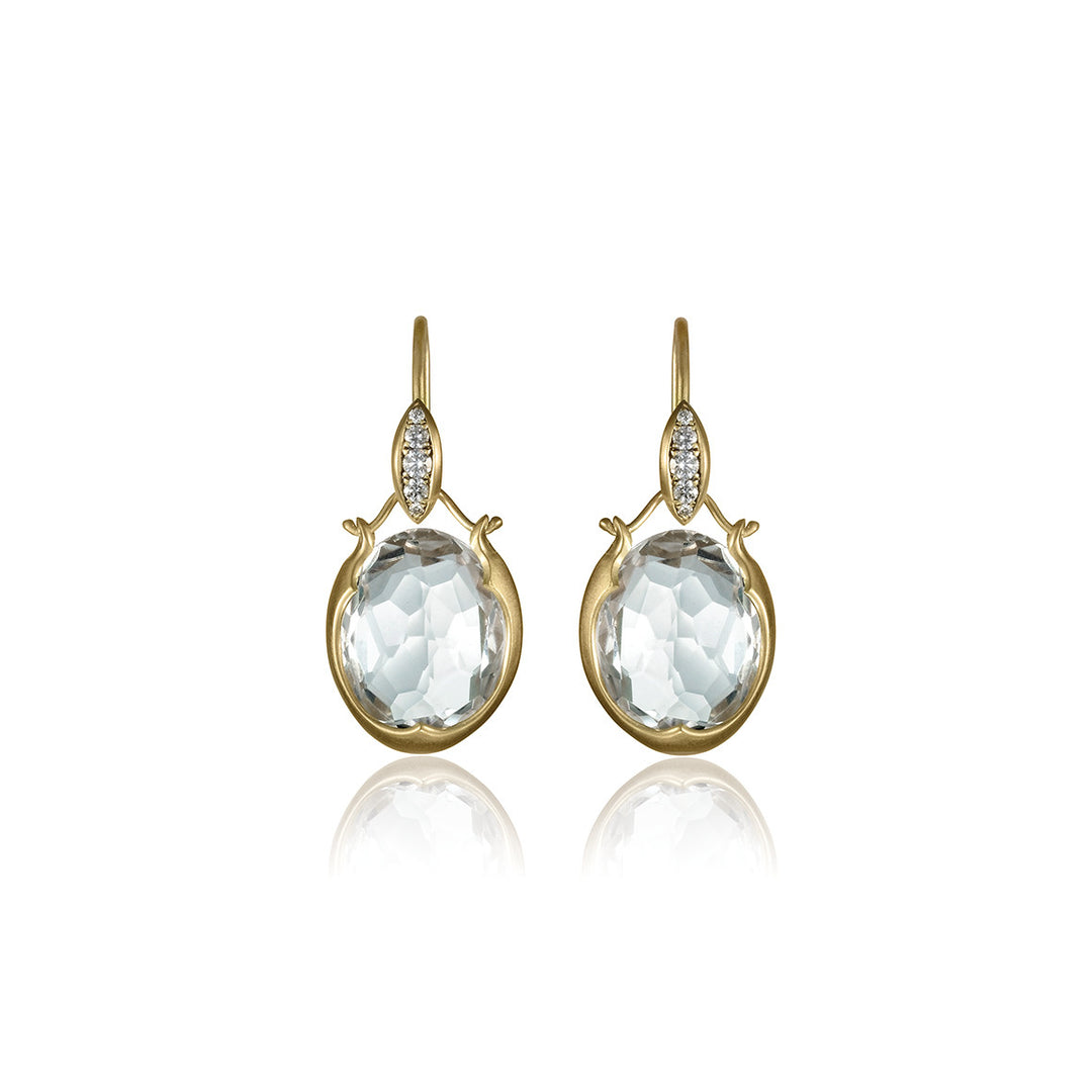 Lovebird Oval Drop Earrings with White Topaz in 18K Yellow Gold
