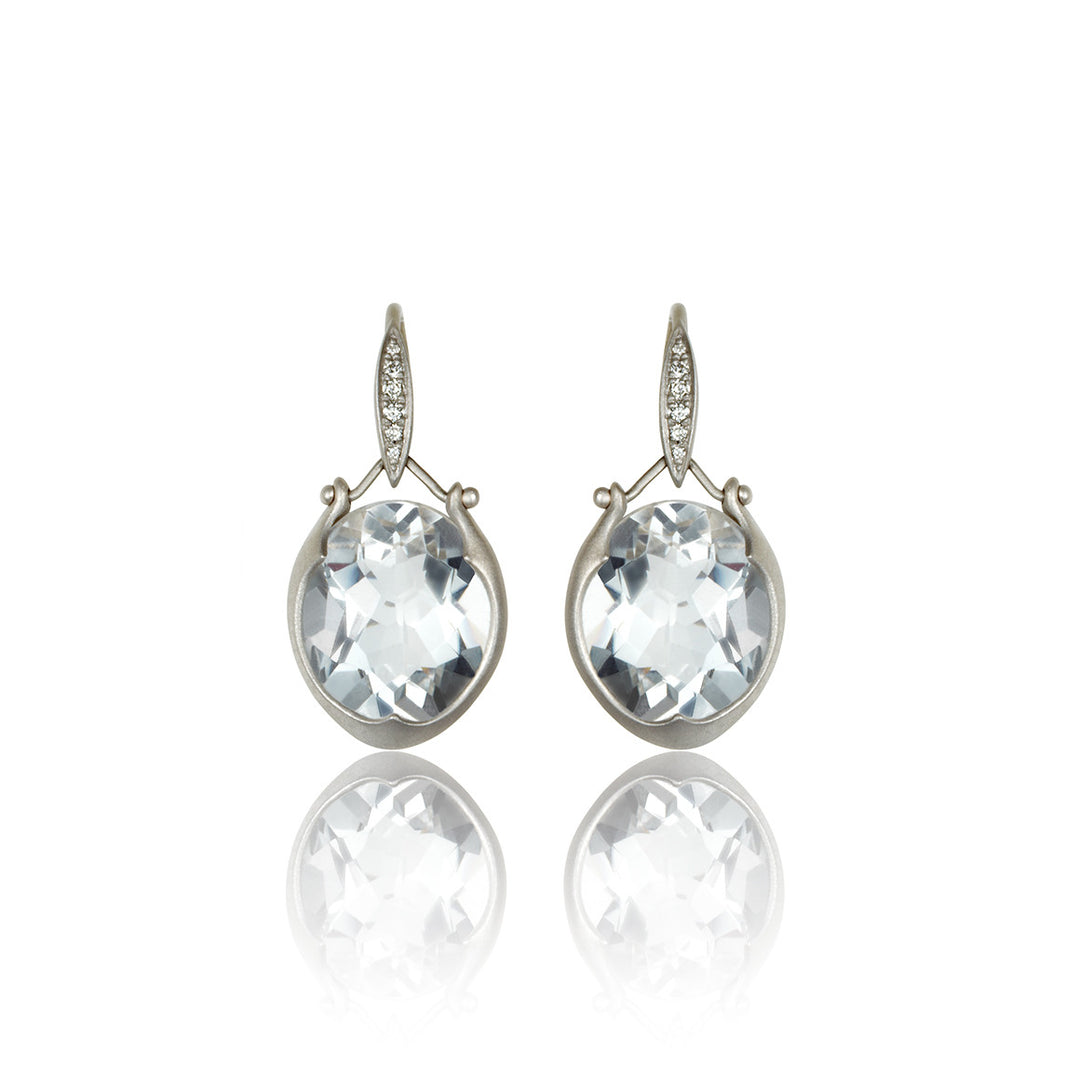 Lovebird Oval Drop Earrings with White Topaz in 18K White Gold