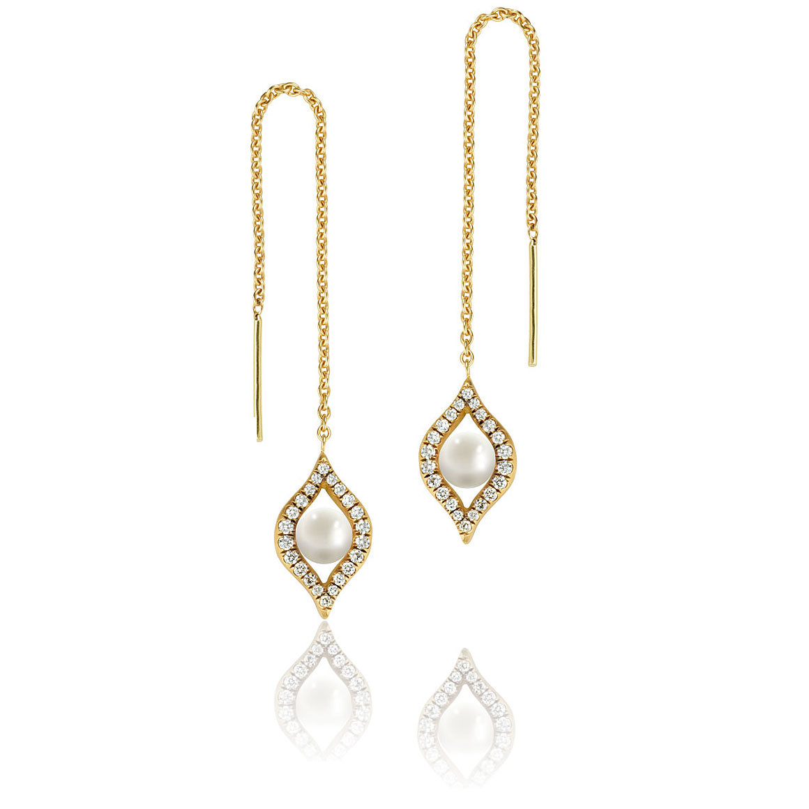 Elli gold pearl earrings with white diamond pavé on drop chain