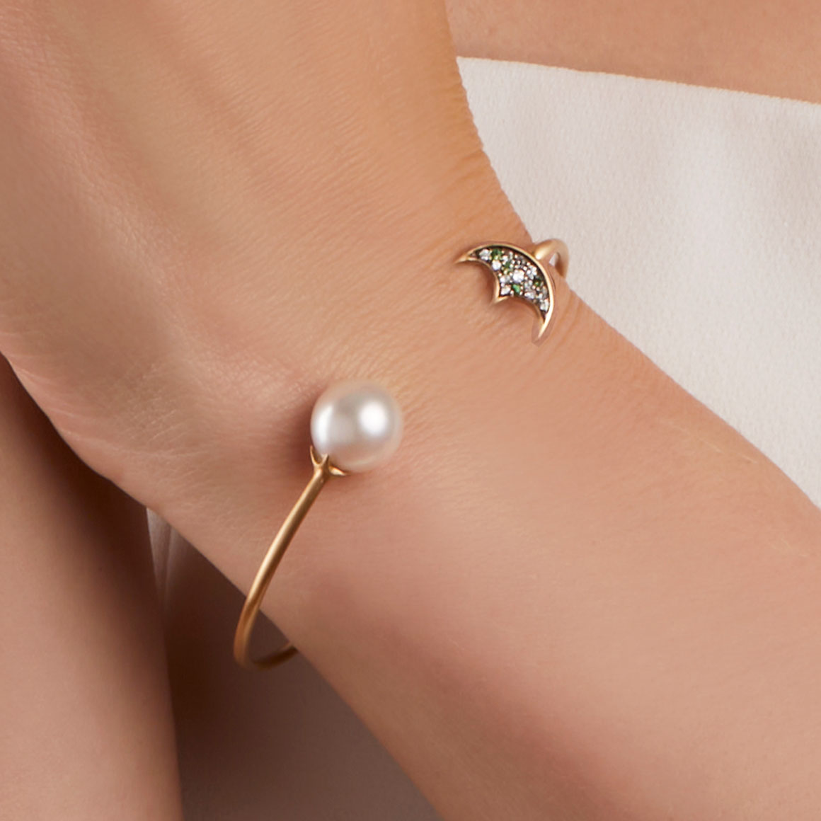 Fresh Water Pearl and Moon Open Cuff Bangle