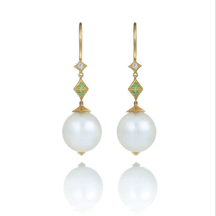 white pearl and tsavorite drop earring