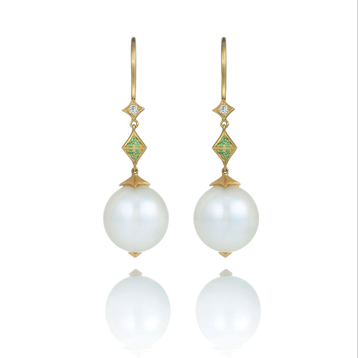 white pearl and tsavorite drop earring