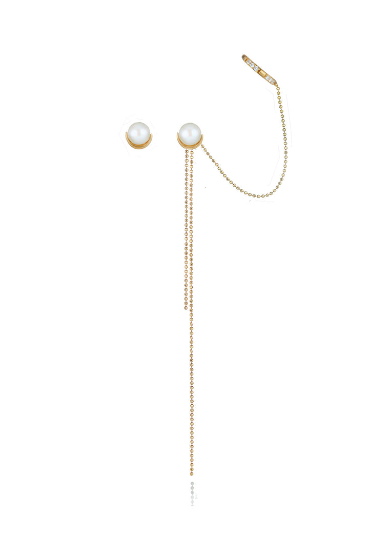 Pearl stud earrings and detachable diamond ear cuff with ball rope chain