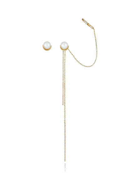 Pearl stud earrings and detachable diamond ear cuff with ball rope chain