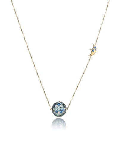 BLUE SAPPHIRE pavé ball pendant with  crescent moon motif charm