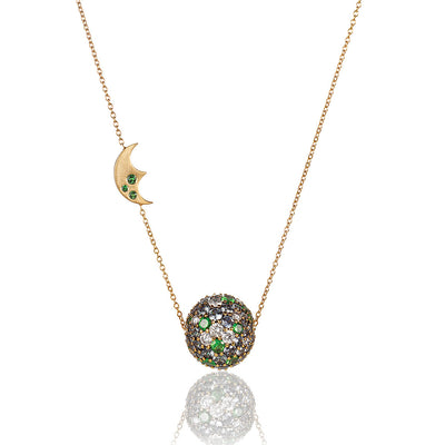 Tsavorite pavé ball pendant with  crescent moon motif charm