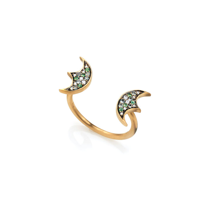 Tsavorite and White Diamond Pavé Double Crescent Moon Ring