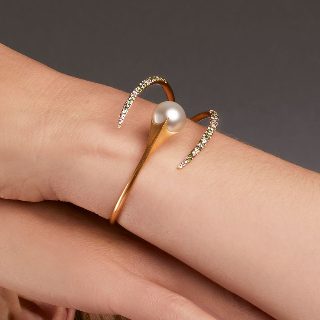 Hinged serpent cuff with white South Sea Pearl and pavé