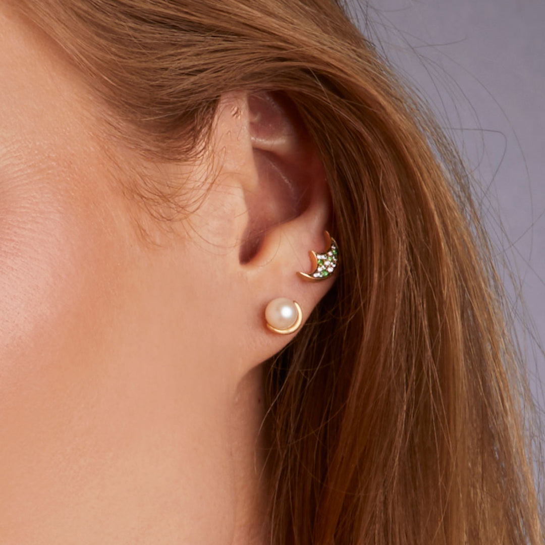 Pearl stud earrings and detachable diamond ear cuff with ball rope chain