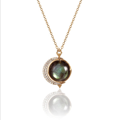 Pavéd crescent moon pendant with labradorite and Moonstone doublet