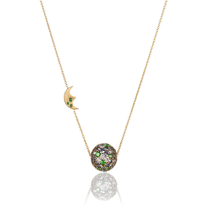 Tsavorite pavé ball pendant with  crescent moon motif charm