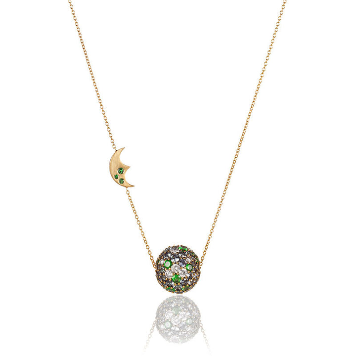Tsavorite pavé ball pendant with  crescent moon motif charm