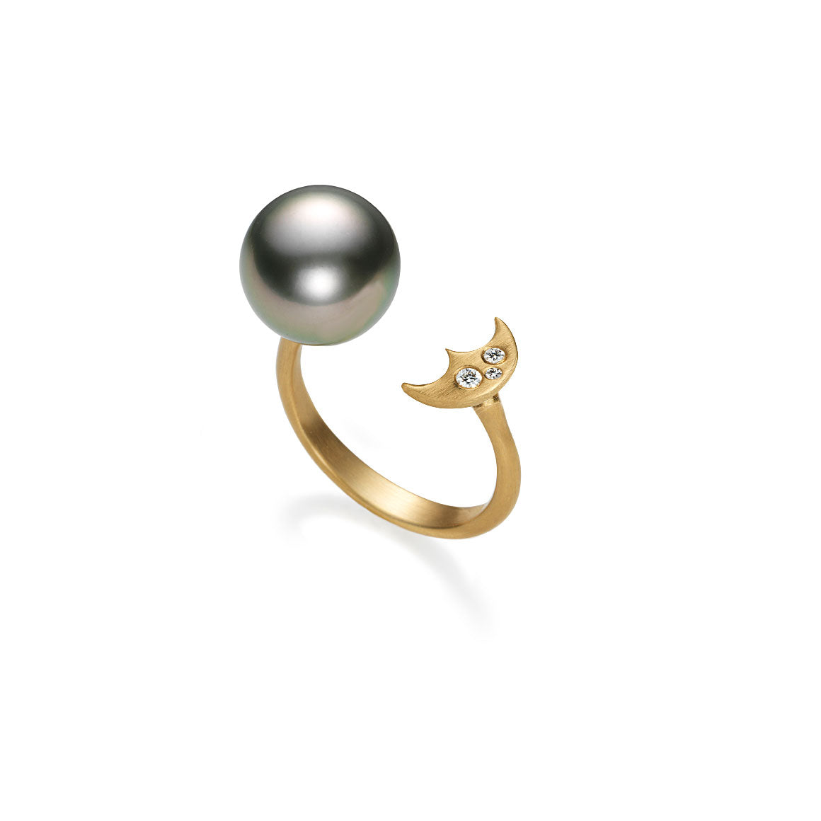 Pavéd Crescent Moon And Pearl Open Cuff Ring