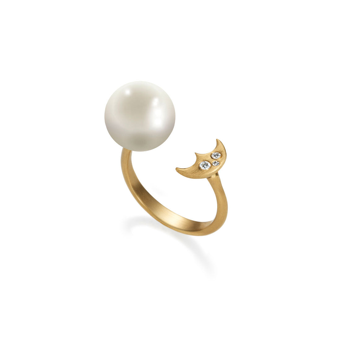 Pavéd Crescent Moon And White Fresh Water Pearl Open Cuff Ring