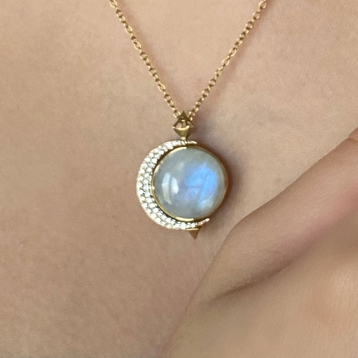 Pavéd crescent moon pendant with labradorite and Moonstone doublet