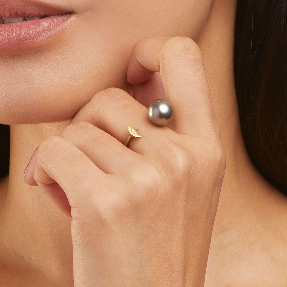 Pavéd Crescent Moon And Pearl Open Cuff Ring